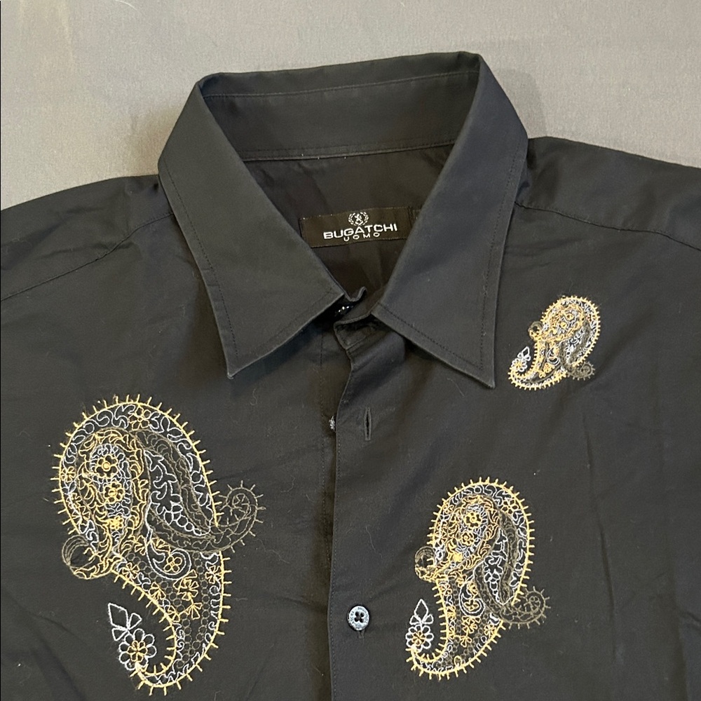 Bugatchi Black Shirt with Gold Paisley Design